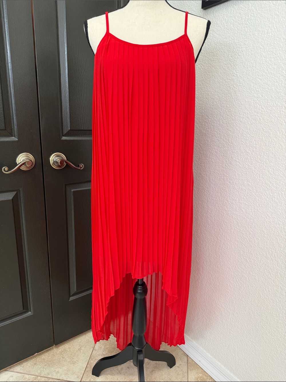 bebe Red Asymmetrical Pleated Slip Dress